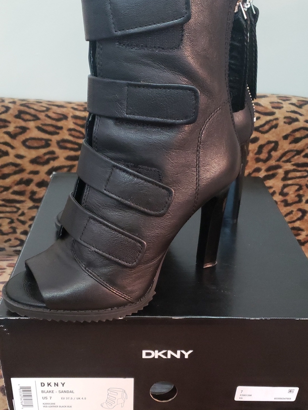 DKNY Black Leather Open-Toe Strap Heeled Bootie